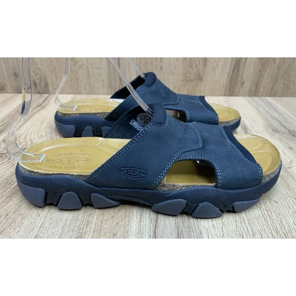 KEEN Men's 9 Black Leather Slide Sandals Anatomical Footbed Comfort 1017282